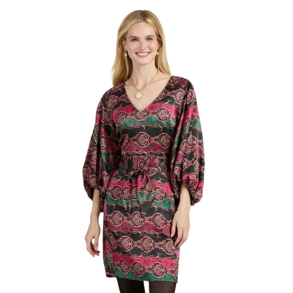 Tyler Boe Silk Baloon Sleeve Mini Dress Paisley and Leopard Animal Print